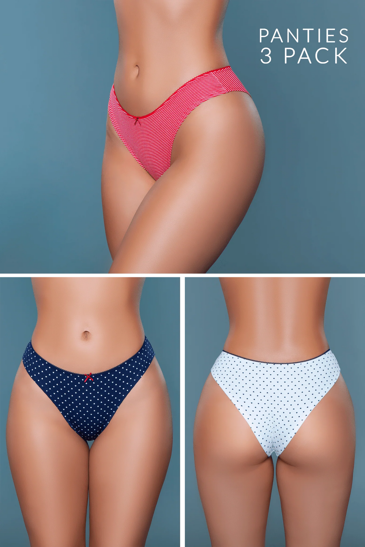 Talia Brief 3-Pack - Blue Hearts, White Hearts, Red/White Stripes - CLEARANCE