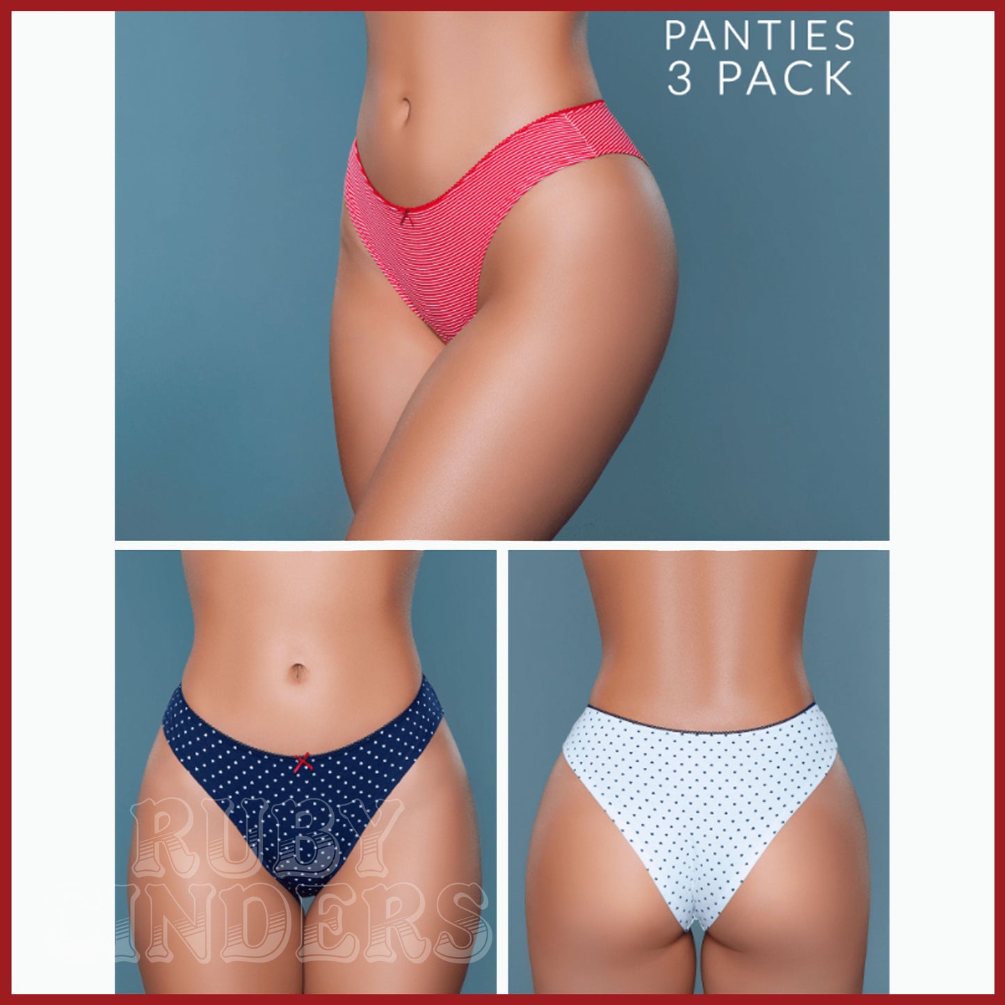 Talia Brief 3-Pack - Blue Hearts, White Hearts, Red/White Stripes - CLEARANCE