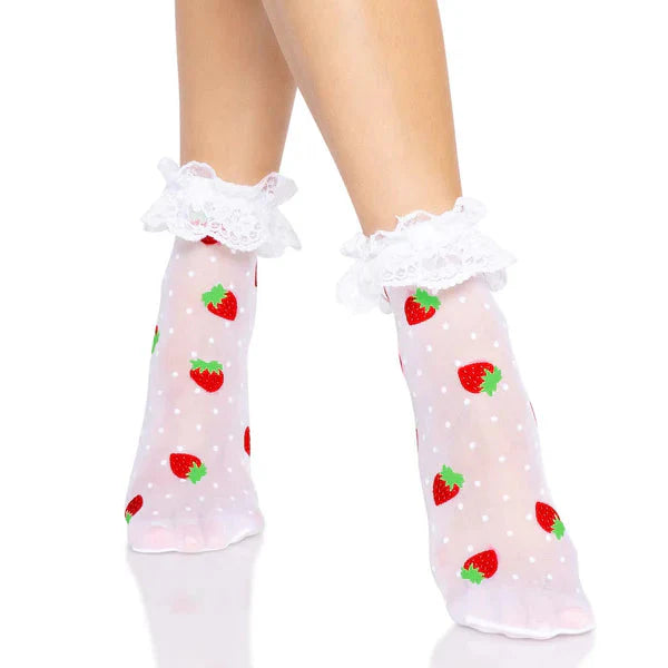 Leg Avenue Strawberry Ruffle Anklet Socks - White