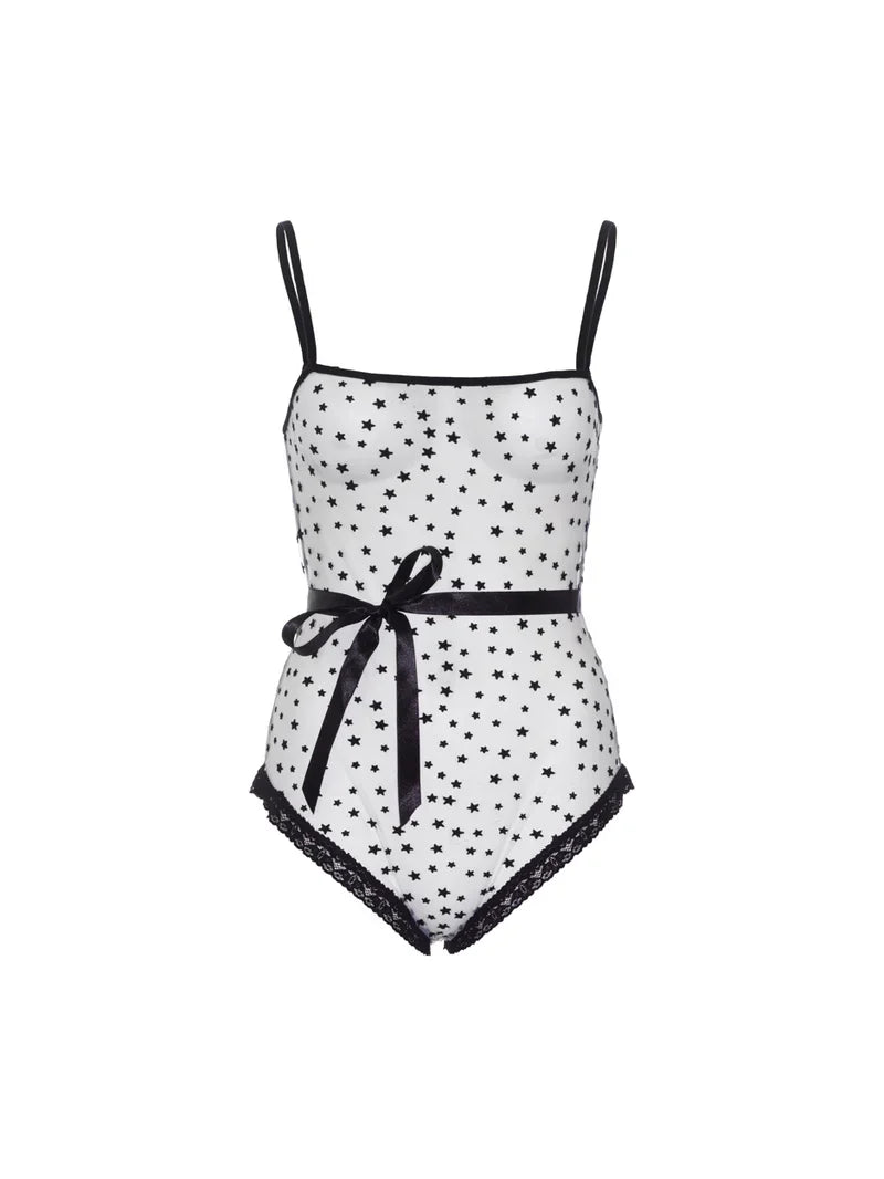 Leg Avenue 2pc Lace Trimmed Sheer Flocked Star Bodysuit w/Ribbon