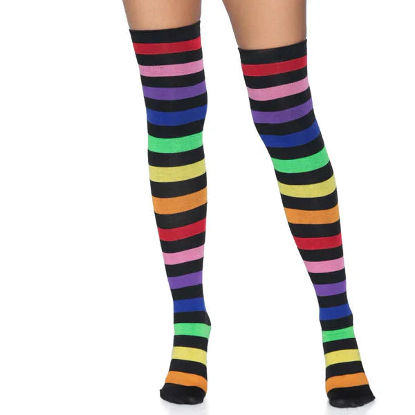 Leg Avenue Rainbow & Black Stripe Thigh High Socks