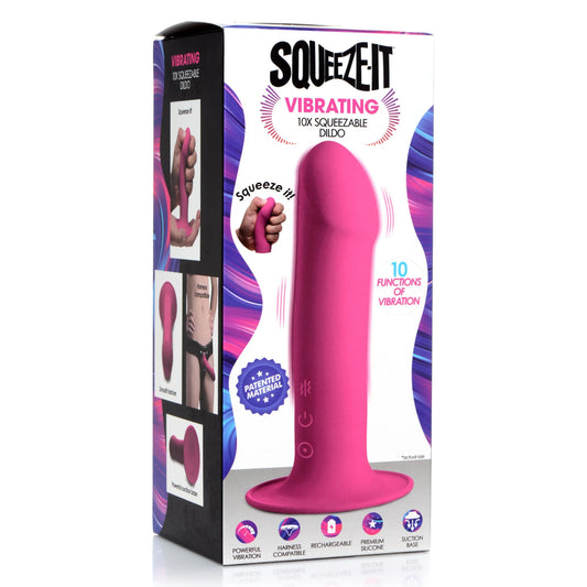 XR Brands Squeeze-It Vibrating Rechargeable Silicone Dildo - Pick Your Color