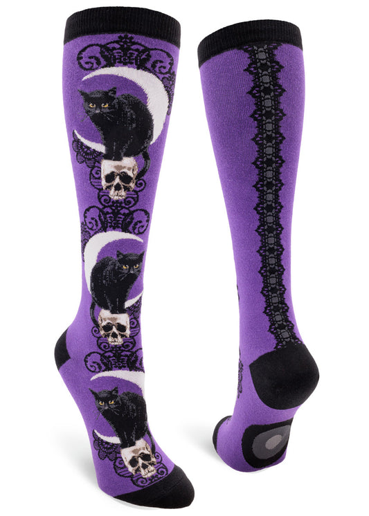 Mod Socks Black Cat Moon Knee High Socks - Purple