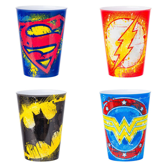 DC Comics Justice League Hero Logos 4pc 1.5oz Plastic Shot Glass Set