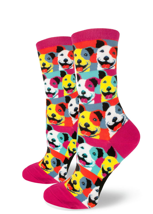 Mod Socks Pop Art Pitbull Women's Crew Socks - Magenta
