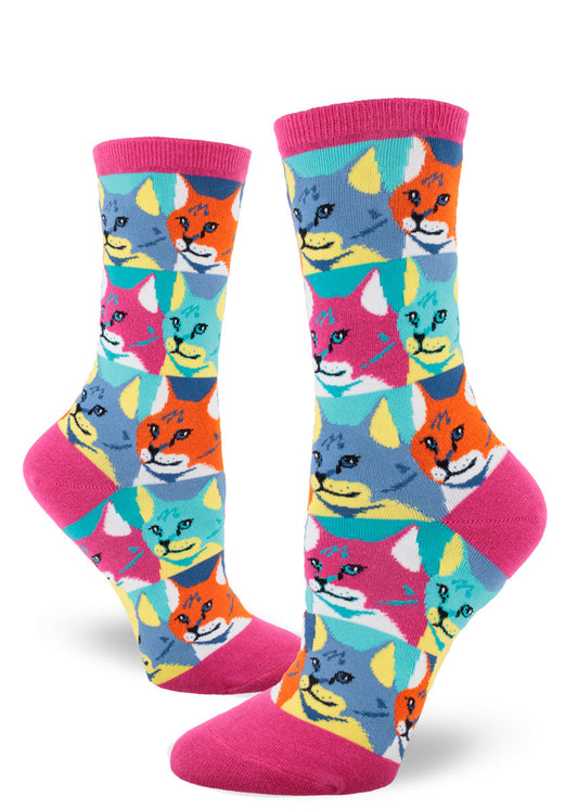 Mod Socks Pop Art Cat Women's Crew Socks - Magenta