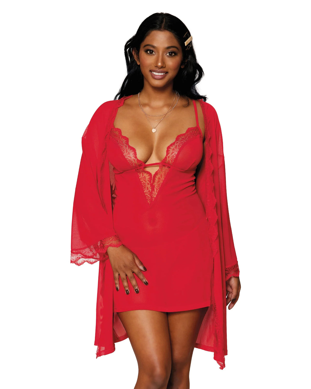 Dreamgirl Stretch Mesh Chemise & Robe - Red - Asst. Sizes