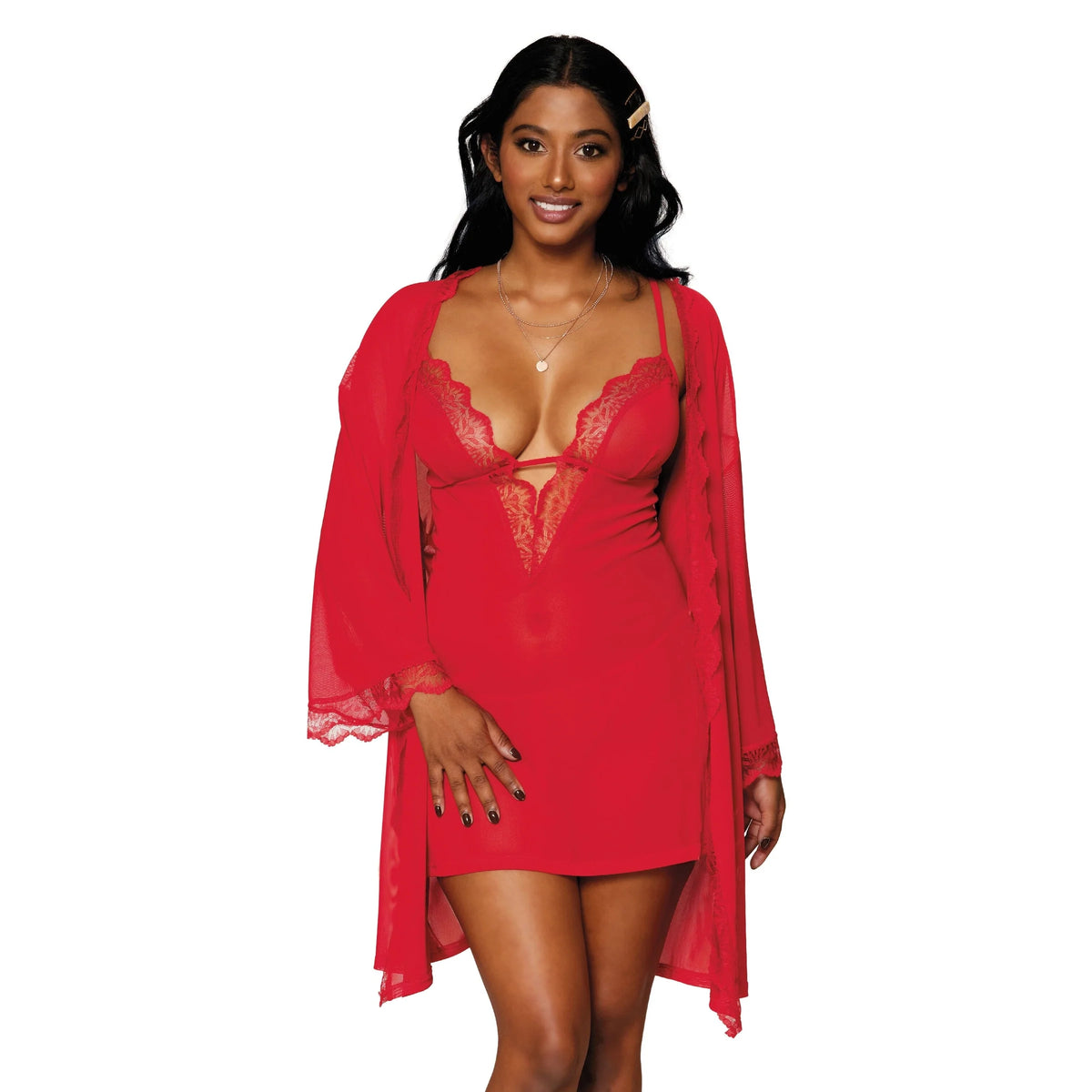 Dreamgirl Stretch Mesh Chemise & Robe - Red - Asst. Sizes